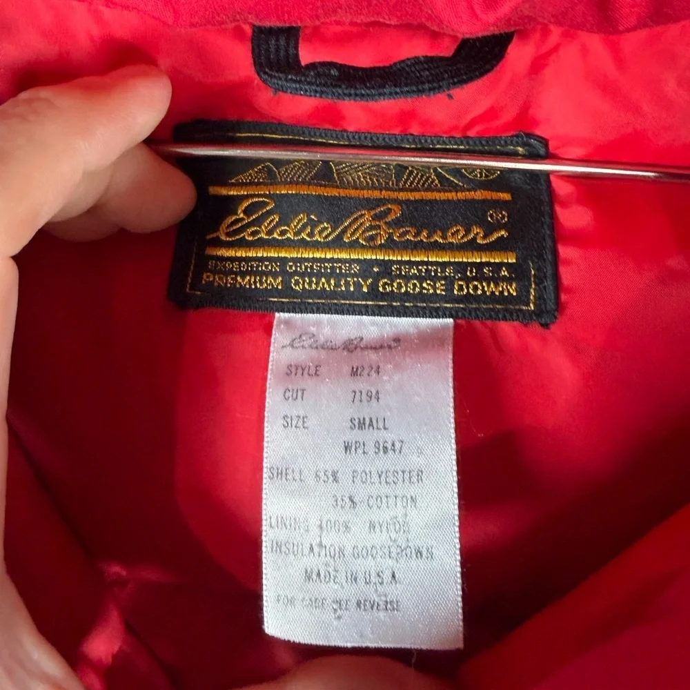 Vintage Eddie Bauer Made in USA 100% Goose Down Red Puffer Coat 90’s Y2K Outdoor